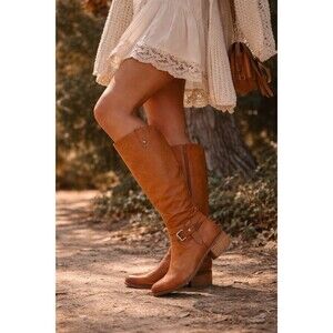 Naturalizer Dev Knee High Riding Boots Tan Leather Buckle Womens 8.5W Wide Calf